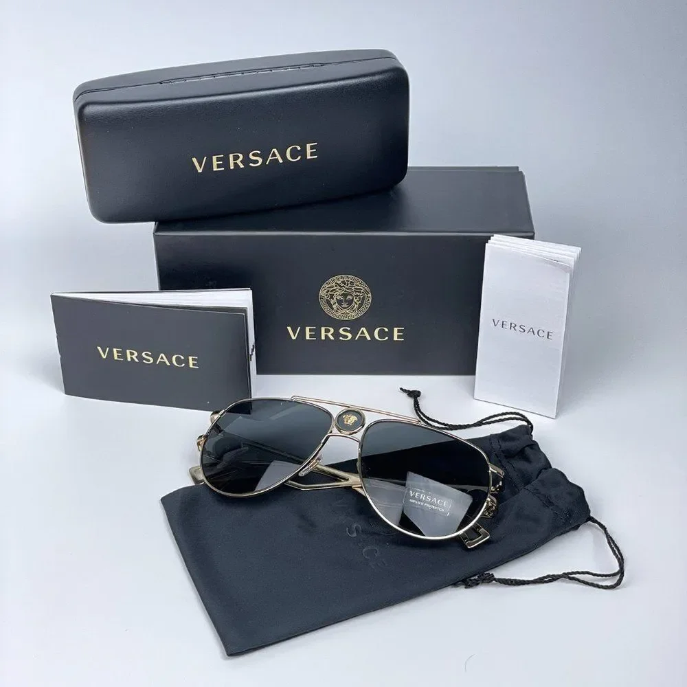 NEW Versace VE2225 MEDUSA PILOT 100287 Gold Gray Aviator Metal Unisex Sunglasses